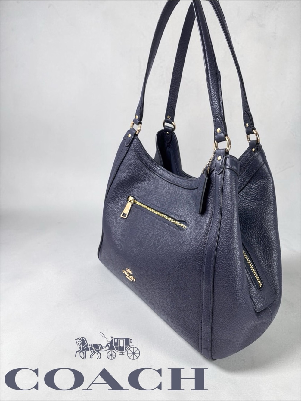Coach Kristy Shoulder Bag Navy Pebbled Leather Gold Hardware Tote Purse - Picture 2 of 16